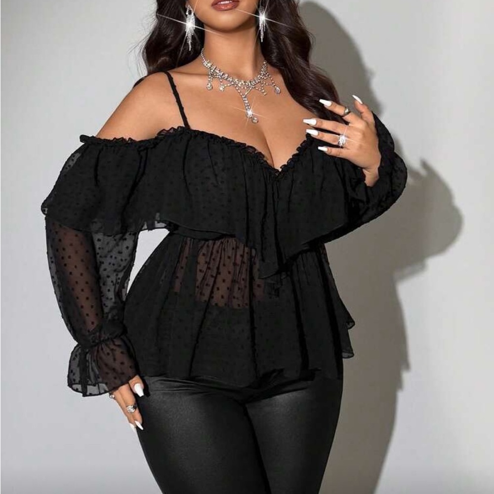 Plus Size Long Sleeve Off-Shoulder Women's Top Blouse Short Black